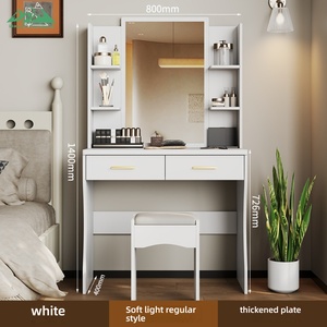 Tocador Moderno de <span class=keywords><strong>Madera</strong></span> Blanca Wayon con Espejo Iluminado por LED, Estantes Abiertos y Múltiples Cajones, Incluye <span class=keywords><strong>Taburete</strong></span> - Product Image 1