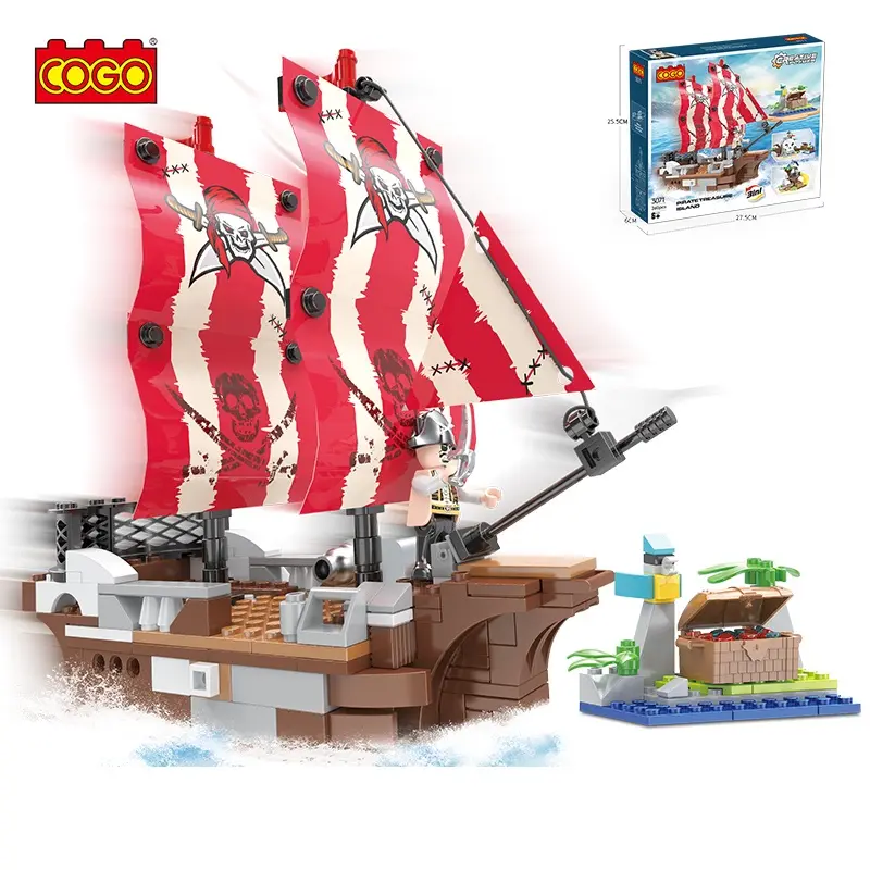 COGO 3 in 1 교육 개발 260 pcs 해적 보트 해골 성 모델 3D 빌딩 블록 완구 어린이를위한