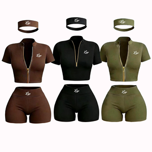 Summer Women's Custom Streetwear Workout 3 Piece Shorts <b>Set</b> Zip Short Sleeve Jacket & Shorts Solid Eco-Friendly Breathable - Product Image 3