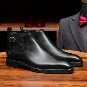 Bottines Chelsea pour hommes en cuir véritable, bout rond, à enfiler, avec bande élastique, semelle en caoutchouc, style automne - Product Image 3