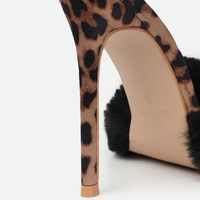 Nouvelle mode d'été mules sexy à talons hauts en fausse fourrure léopard noir sandales à talons aiguilles chaussures