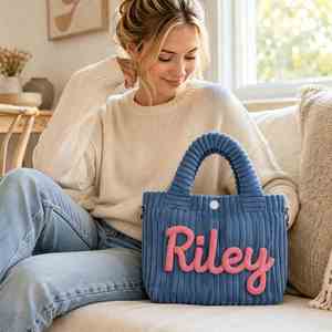 Sac à main en velours côtelé avec nom brodé personnalisé, mini sac bandoulière avec sangle amovible, sac fourre-tout pour les voyages, le shopping - Product Image 2