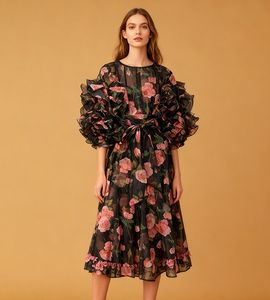 Vestido retro romántico estilo corte con estampado de rosas, nuevo estilo 2025, diseño de cuello redondo con mangas abullonadas y falda midi a capas - Product Image 2