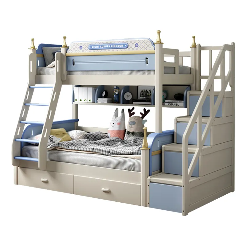 Juegos de muebles modernos para dormitorio de niños, litera de cama de madera de goma, camas dobles con escaleras