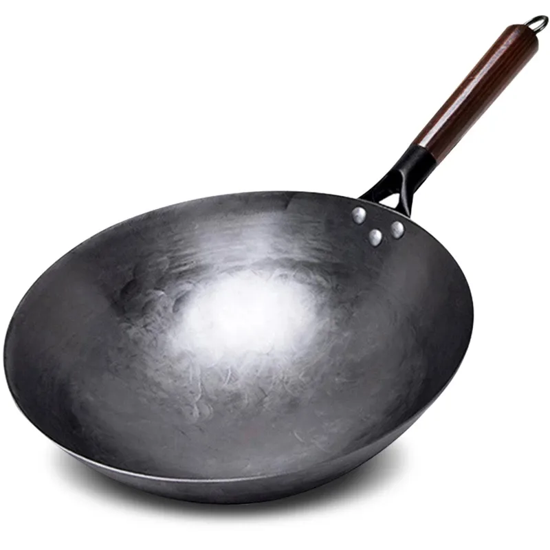 Wok di ferro Non rivestito all'ingrosso Wok fatto a mano tradizionale cinese per padella da cucina manico in legno per pentole a Gas da 1 a 2 persone