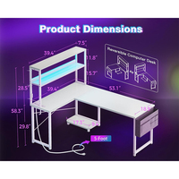 Grand bureau d'ordinateur réversible en forme de L avec prise de courant et bureau de jeu à panneau perforé avec lumières LED et plateau pour clavier