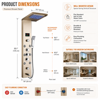 Colonne de douche moderne en acier inoxydable doré brossé avec cascade LED, 5 boutons, 6 jets latéraux et affichage numérique