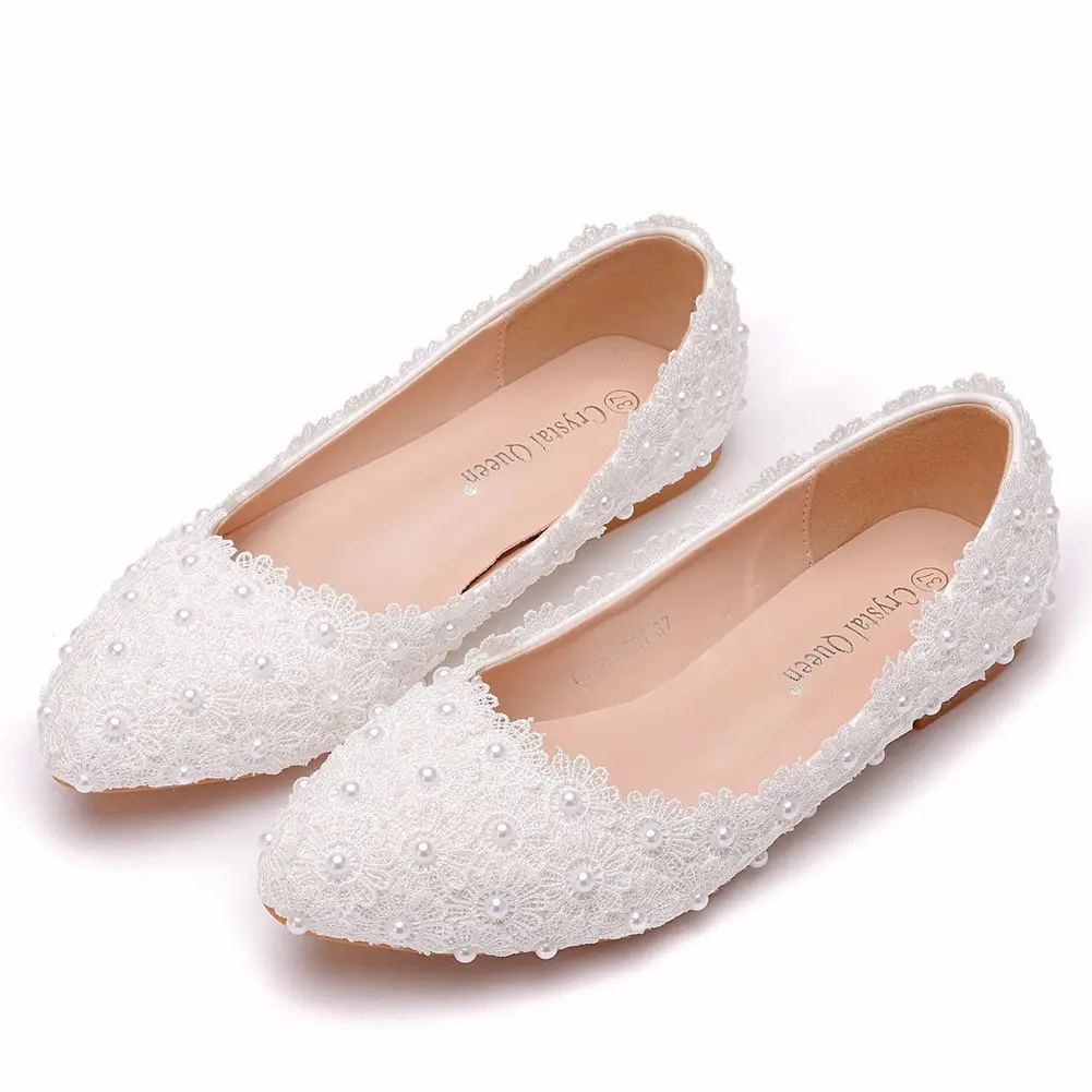 Big Size Bride Shoes White Pink Lace Pearls Flats Wedding Bridal Shoes For Pregnant