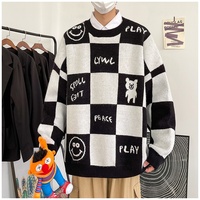 Pull en maille à col rond pour homme, motif ours souriant à carreaux, coupe ample, style streetwear, pour l'automne et l'hiver