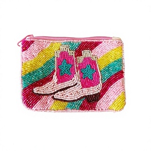 Beaded Cosmetic Bag With Cowgirl Boots Pattern Zipper Closure Bohemian Style Small Fashion Trend Pink Yellow Green Red - Product Image 1