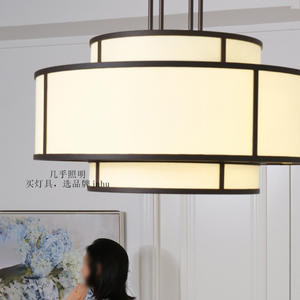 Lustre de salle à manger en lin français de style chinois minimaliste moderne, luminaire en tissu à LED réglable en hauteur pour salon - Product Image 4