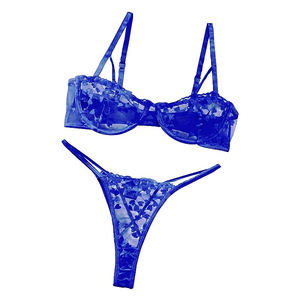 Set di Lingerie trasparente in Mesh con filo Push up con cinturino ricamato per reggiseno e mutandine da donna 2 pezzi - Product Image 5