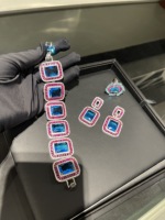 Perhiasan TIANSHE Grace Unik Mewah Berkualitas Tinggi Set 3pcs Gelang Anting Cincin Kristal Zirkon Biru Kuningan