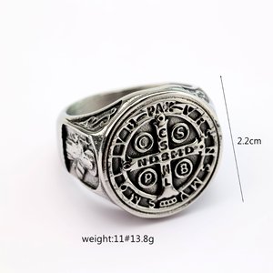 Anillo de hombre con cruz de San Benito de yunnique, joyería religiosa retro de acero inoxidable, diseño geométrico, forma redonda - Product Image 5