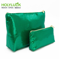 Pochette de voyage portable en sequins brillants de couleur verte tendance, pour organiser les cosmétiques, sac à maquillage