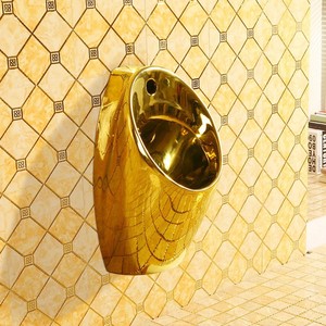 Urinoir automatique en céramique dorée, ovale, mural, à siphon et jet de chasse d'eau pour hommes - Product Image 1