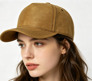 Casquette de baseball unisexe en cuir PU délavé vintage kaki, vierge, réglable, à visière incurvée, 6 panneaux - Product Image 2