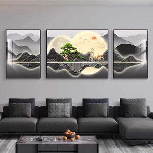 Nuovo Set di 3 Quadri in Stile Cinese per Soggiorno, Dipinto Moderno Minimalista di Montagne per Sfondo Divano - Product Image 1