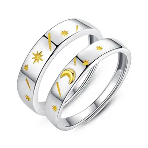 Perhiasan Fashion 2024 grosir perhiasan Fashion desain baru cincin pasangan perak murni bintang bulan S925 cincin jari kustom untuk pria wanita