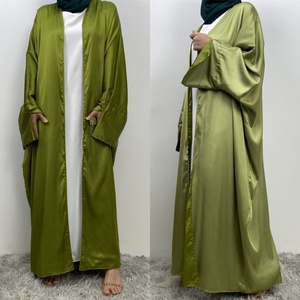 1428# <b>Top</b> Quality Smooth Satin <b>Batwing</b> Abaya Wide French Split Sleeves Muslim Islam Women Reversible Wear Long Cardigans - Product Image 5