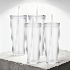 Hot Sale <strong>Mason</strong> <strong>Jar</strong> 24oz Double Wall <strong>Transparent</strong> Clear Drinking Pre Drilled Snow Globe Plastic Cup With Lid and Straw - Product Image 1