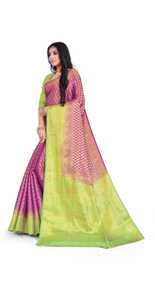 Sari en soie vert et violet avec broderie Zari dorée, tenue de mariage indienne traditionnelle pour femme, longueur au sol, coupe classique - Product Image 6