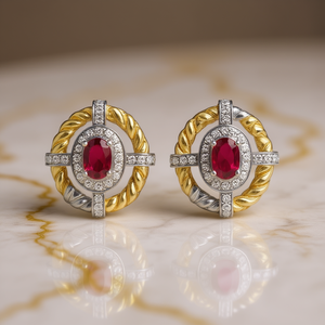 Orecchini E3514 Bicolore in Oro 18K con Diamanti e Rubino Centrale, Gioielli Classici da Sposa per Donna, Certificati GIA - Product Image 2
