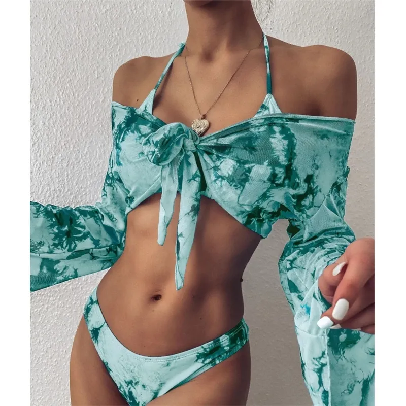 Sexy Tắt Shoulder Băng Tóc Bikini Set Tie Dye Màu Xanh Lá Cây Dài Tay Áo Lưới Leopard 3 Piece Swimsuit Phụ Nữ Tắm Phù Hợp Với Người Tắm...