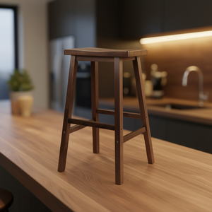 Tabouret de bar Satori 29 pouces avec siège en forme de selle, en noyer antique, structure en bois durable, mobilier de bar pour la maison, design moderne - Product Image 2