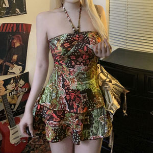 Vestido étnico con estampado retro, cuello halter y cuentas, estilo línea A para mujer, estilo Y2K vintage bohemio, vestido de moda de verano. - Product Image 3