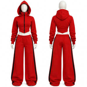 Custom Red Cropped Hooded Tracksuit Set Wide Leg Pant Contrast Side Stripe <b>Zipper</b> <b>Jacket</b> Street Style Outfit for Women Fashion - Product Image 1