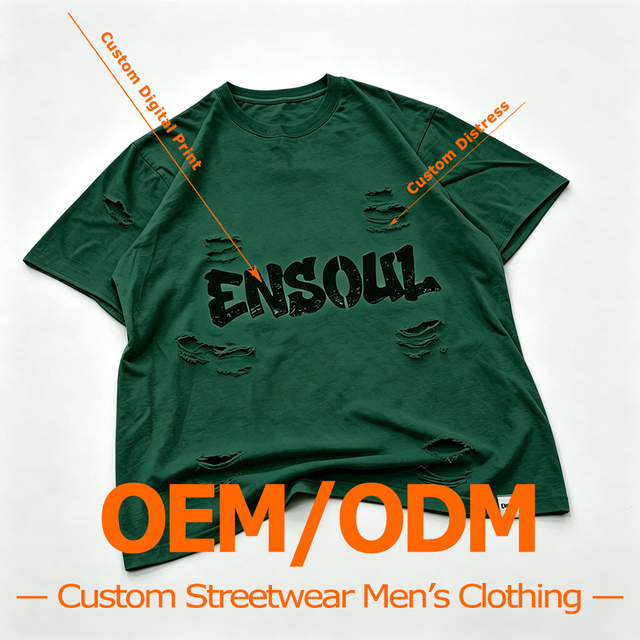 Heavyweight T-shirts Men's Custom Distressed Ripped Tee 280GSM Vintage Style Digital Crack Print Streetwear Oversized Clothing