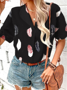 Vrouwen Zomer 6 Kleuren Trendy Modieuze Print Korte Mouw Casual Knoop Voorkant Shirt <span class=keywords><strong>Blouse</strong></span> - Product Image 5