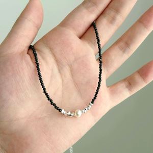 Dylam Specially Design S925 Silver Rhodium Plated <b>Small</b> Bead Beaded Black Onyx Crystal Pearl Pendant <b>Necklace</b> for Women Girls - Product Image 2