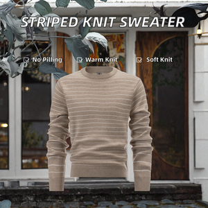 Pull en tricot personnalisé ODM en acrylique, col rond, manches longues, rayé, couleur kaki, pour homme, automne-hiver - Product Image 2