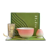 Service à thé matcha japonais dégradé rose bol en céramique 7 pièces cuillère en bambou tamis torchon avec agitateur matcha élégant
