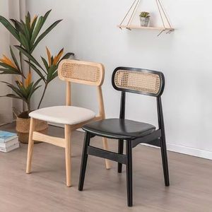 Midcentury Modern Wood <b>Dining</b> <b>Chair</b> With Rattan Back And PU Leather Seat Upholstered for home and commercial use - Product Image 5
