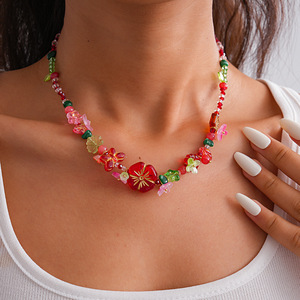 Kalung Manik Kupu-kupu Akrilik <span class=keywords><strong>Retro</strong></span>, Aksesoris Rantai Lintas Batas, Kalung Resin Bunga untuk Wanita - Product Image 4