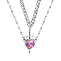 Kalung Liontin Dagger Hati Batu Ruby Merah Halo CZ Rantai Kuba Paduan Logam Warna Emas Perhiasan Wanita Hadiah