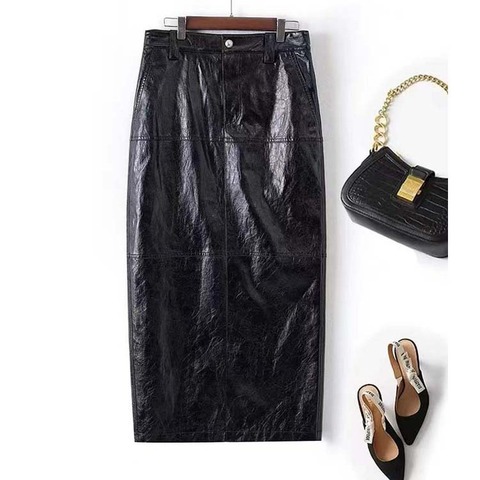 4315 Reliable Quality Female Leather Skirt Elegant Black Long Genuine Leather Skirt Women Ladies