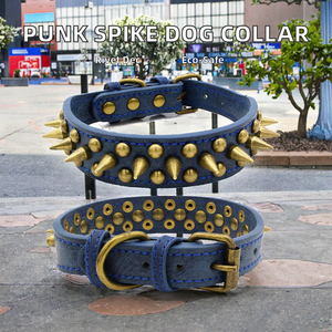 Collar para Perro Estilo Punk de Nuevo Diseño, Duradero, con Remaches de Espiga de Bronce, Anti-Mordidas, <span class=keywords><strong>Material</strong></span> de Aleación de Cuero, Patrón Sólido, Correas y Collares para Mascotas - Product Image 2