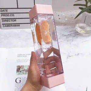 Custom Plastic Bpa Gratis Dubbele Deksels Vierkante Fruit Infuser Water Fles