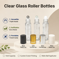Flacon roll-on en verre de 10 ml avec triple tête en acier, bille en verre et plastique, vide, pour huiles essentielles et parfums, idéal pour les soins de la peau - Vente en gros