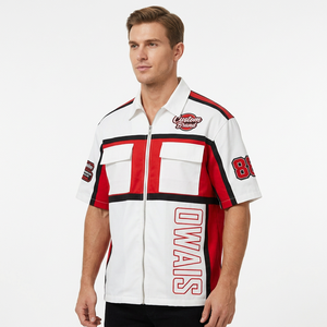 <b>Men</b> Cream <b>Zip</b> <b>Up</b> Collar <b>Shirt</b> Short Sleeve Embroidered Rose Letter Rivet Streetwear T <b>Shirt</b> - Product Image 1