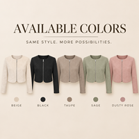 Veste courte personnalisée pour femme en jacquard subtil, col rond, fermeture éclair, manches longues, coupe ajustée, pour un style décontracté et urbain