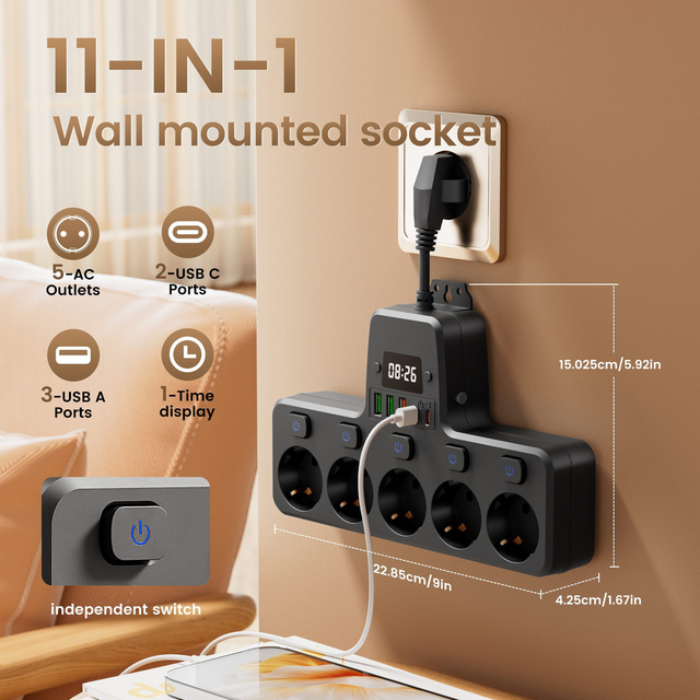 Extension Socket with 5 AC 3 USB 2 Type C Ports Portable Power Strip  with Clock Indepent Switch and Flexible Cable for Office