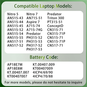 เปลี่ยนแบตเตอรี่แล็ปท็อป AP18E7M AP18E8M สำหรับเอเซอร์ Nitro 5 AN515-54 AN517-51 Nitro7 AN715-51 <span class=keywords><strong>Predator</strong></span> PH315-52 Aspire7 A715-74G - Product Image 2