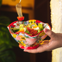 Bol à petit-déjeuner/salade en céramique de style européen élégant, série Flower Rhyme, forme de fleur, avec motif floral émaillé