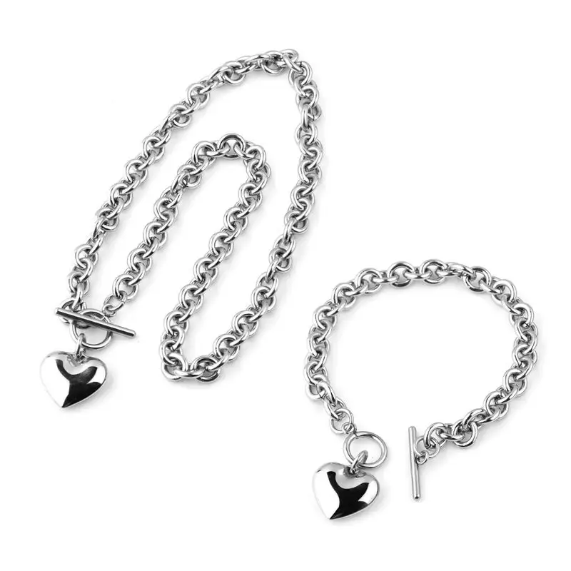 1 Set di gioielli per collana con bracciale a forma di cuore con catena in acciaio inossidabile per gioielli di Design Hip Hop di moda da donna