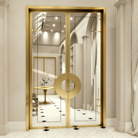 Porte de séparation intérieure moderne en verre avec cadre doré, cloison pivotante avec poignée ronde pour hall de villa